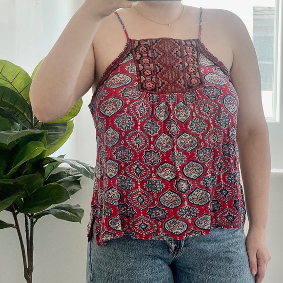 Embroidered Stretch Linen Blend Aztec Print Hipster Hippie Boho Halter Cami Top - Picture 1 of 7